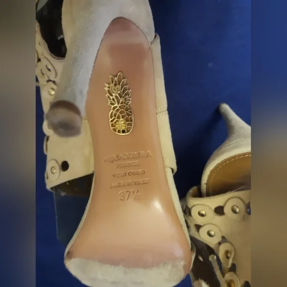 Authentic $384 Aquazzura open cut stud suede heels 7.5 - Picture 7 of 9